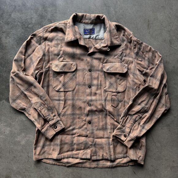 Vintage 60s Sportsman Cal Made Loop Collar Shadow Plaid Flap Pocket Large Shirt - Picture 1 of 5